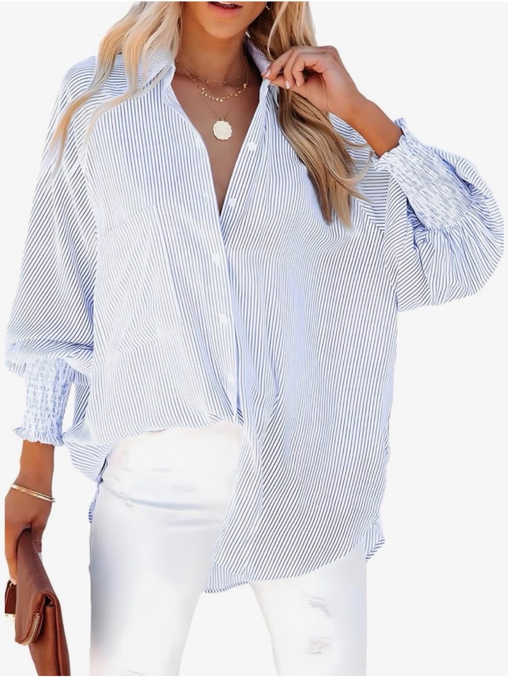 Relaxed Light Blue Pinstripe Button-Down Shirt - Women